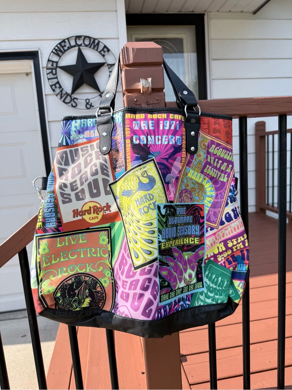 Hard Rock Cafe Neon Poster Patchwork Tote - Yellow, Green, Pink, Black